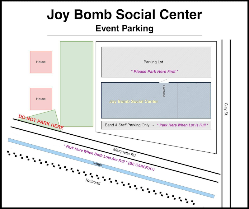 a graphic displaying where people should park when visiting joy bomb for an event
